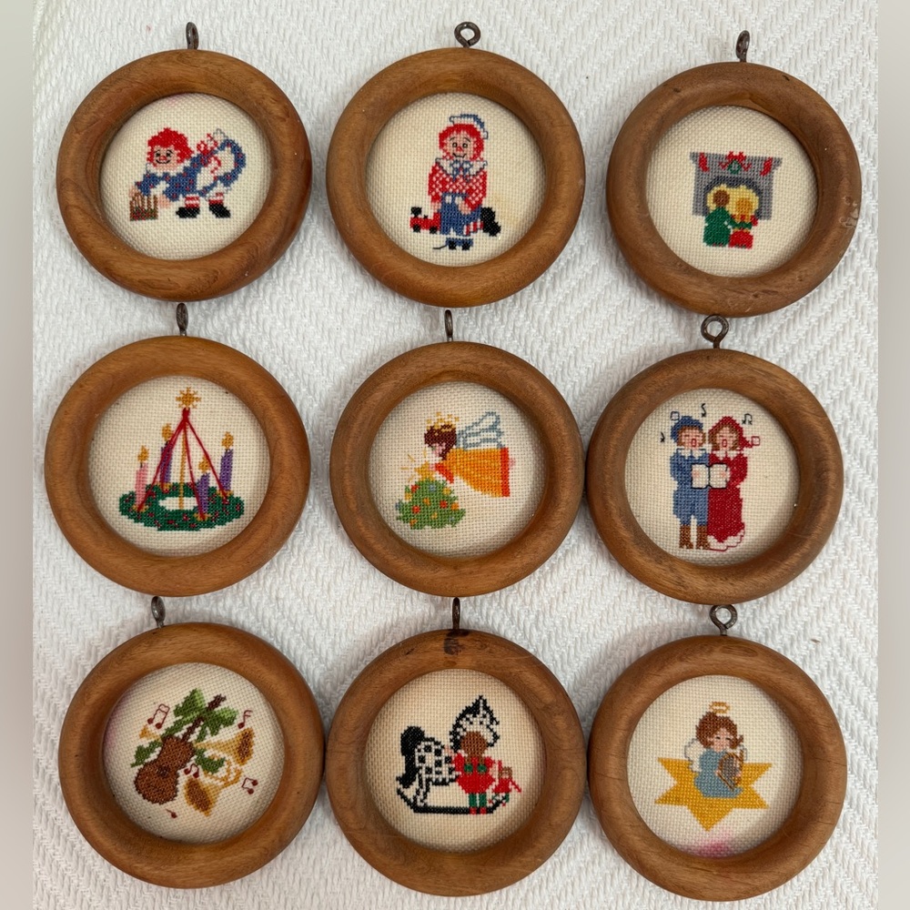 Vintage Christmas Ornaments Set Cross-stitch Handmade Embroidered Holiday Decor - Picture 1 of 8